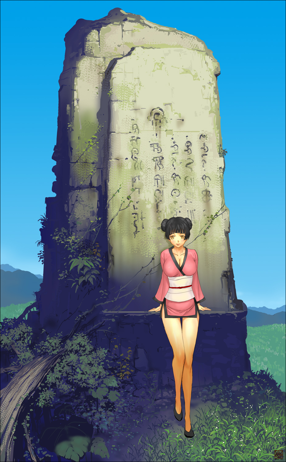 ariverkao, original, highres, 1girl, black hair, blue sky, breasts, cleavage, double bun, female focus, hair bun, hieroglyphics, hieroglyphs, japanese clothes, kimono, kimono skirt, large breasts, legs, lips, outdoors, short kimono, sky, solo