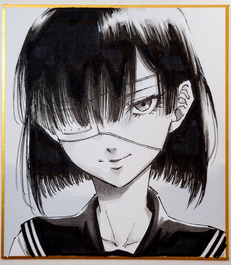 original, commentary request, traditional media, 1girl, closed mouth, expressionless, eyelashes, eyepatch, hair over one eye, long bangs, looking at viewer, makomako1061, medical eyepatch, one eye covered, parted bangs, portrait, sailor collar, short hair, solo, straight-on, wispy bangs