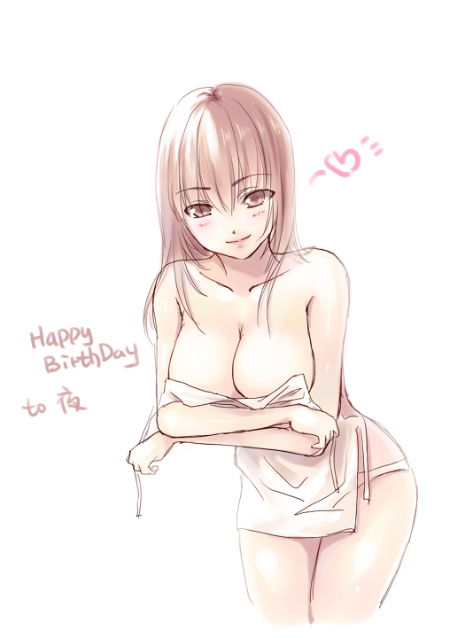 xiangtu, original, bad id, bad pixiv id, 1girl, apron, breasts, brown eyes, brown hair, cleavage, female focus, happy birthday, large breasts, leaning forward, monochrome, naked apron, panties, pink eyes, pink hair, pink theme, simple background, smile, solo, underwear, undressing, white background
