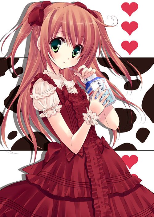 yukiwo, original, 1girl, bow, brown hair, dress, drinking straw, female focus, green eyes, hair bow, heart, lolita fashion, long hair, milk carton, solo