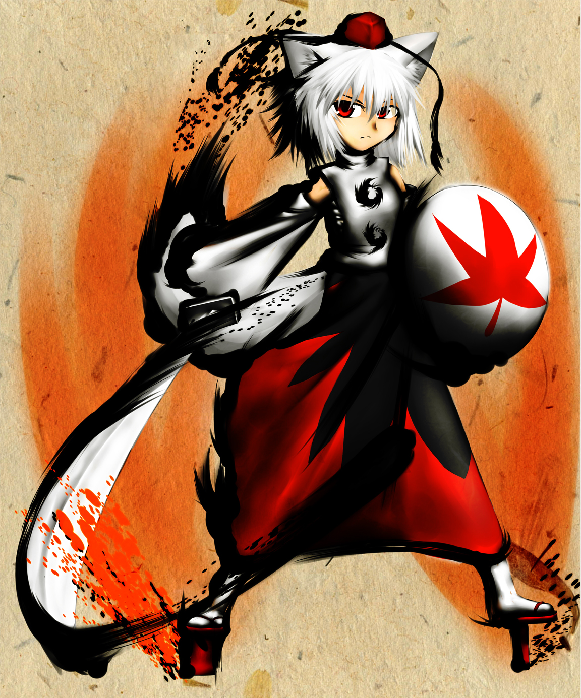 kaiza (rider000), rider000, inubashiri momiji, capcom, street fighter, street fighter iv (series), touhou, silver hair, bad id, highres, 1girl, animal ears, detached sleeves, female focus, geta, hat, parody, red eyes, shield, solo, style parody, sword, tail, tengu-geta, tokin hat, weapon, wolf ears, wolf tail
