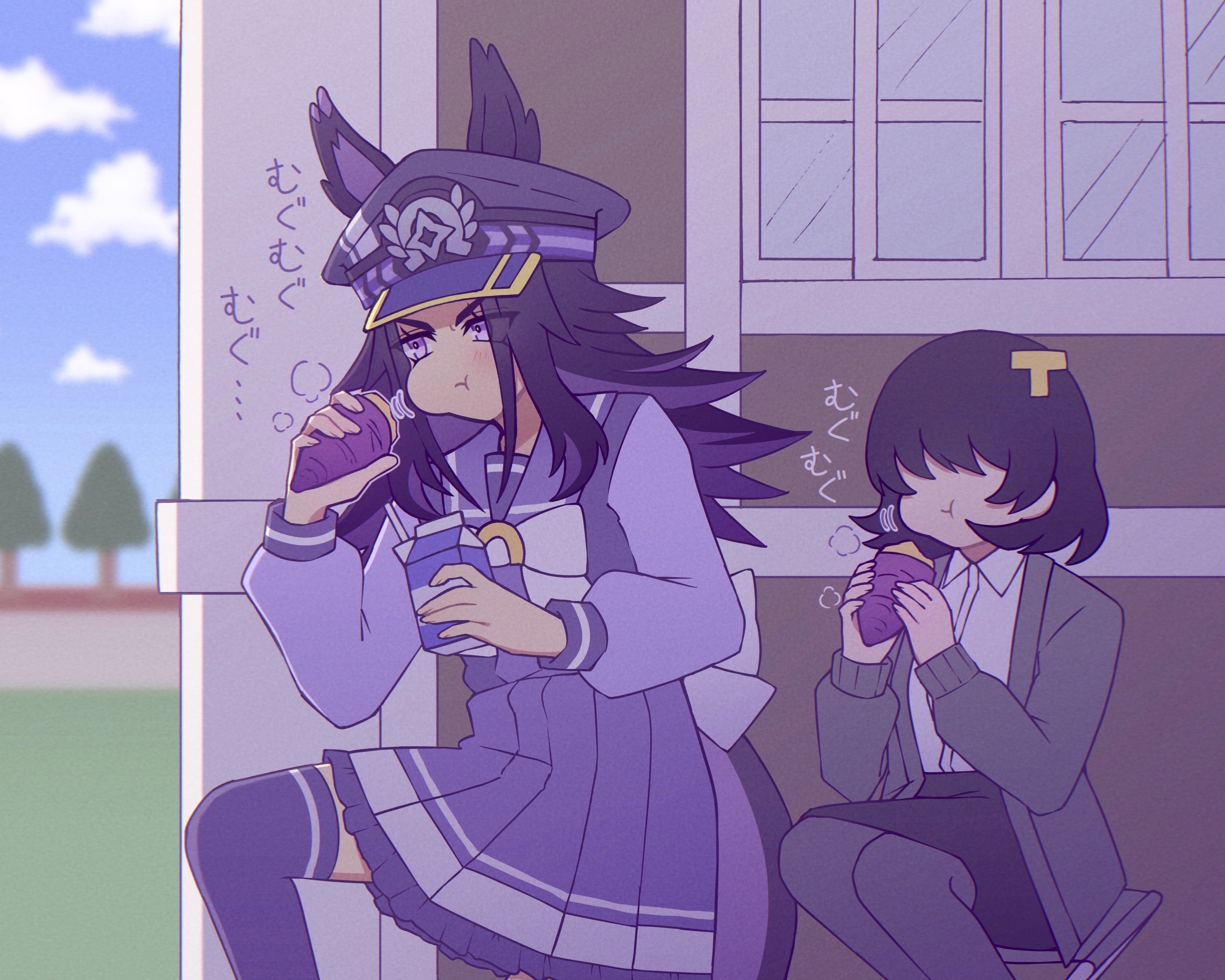 w3n6e, female trainer (umamusume), fenomeno (umamusume), trainer (umamusume), umamusume, absurdres, highres, translation request, 2girls, animal ears, black hair, black pantyhose, black skirt, blue sky, blush, bow, bowtie, building, cheek bulge, closed mouth, cloud, collared shirt, day, ears through headwear, eating, faceless, faceless female, flipped hair, food, hair ornament, hat, holding, holding food, horse ears, horse girl, horse tail, horseshoe hat ornament, horseshoe ornament, jacket, letter hair ornament, long hair, long sleeves, milk carton, multicolored hair, multiple girls, open clothes, open jacket, outdoors, pantyhose, peaked cap, purple eyes, purple hair, purple sailor collar, purple serafuku, purple shirt, purple skirt, purple thighhighs, roasted sweet potato, sailor collar, sailor shirt, school uniform, serafuku, shade, shirt, short hair, sitting, skirt, sky, striped hat, sweet potato, tail, thighhighs, tracen school uniform, tree, white bow, white bowtie, white shirt