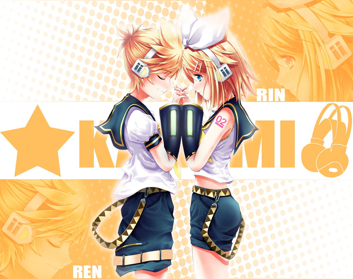 dopollsogno, kagamine len, kagamine rin, vocaloid, bad id, bad pixiv id, 1boy, 1girl, belt, blonde hair, blue eyes, bow, brother and sister, closed eyes, detached sleeves, hair bow, hair ornament, hairclip, headset, midriff, short hair, shorts, siblings, twins, zoom layer