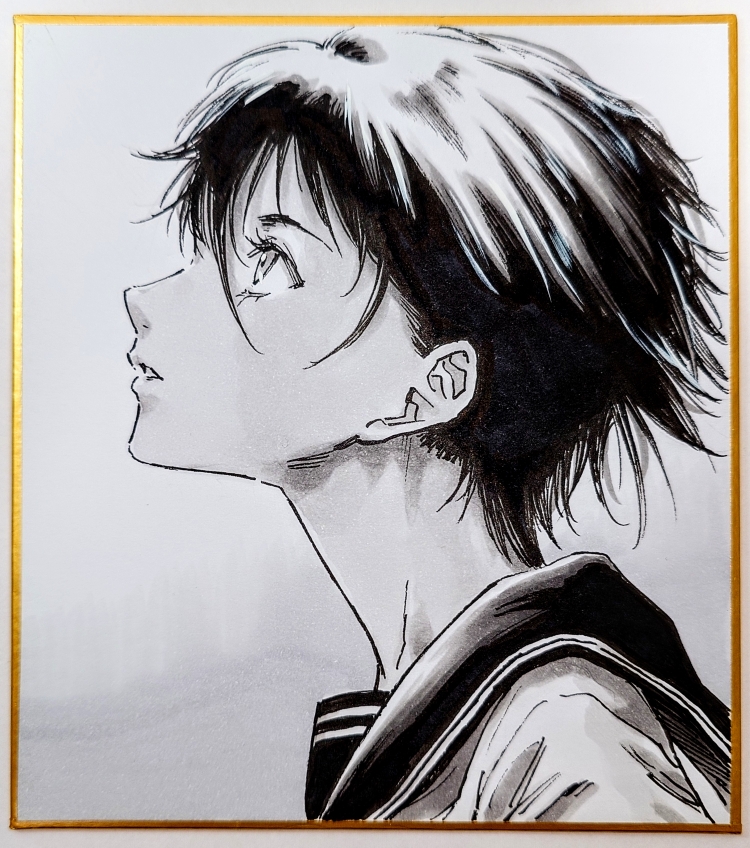 original, commentary request, photo (medium), traditional media, 1girl, expressionless, from side, greyscale, looking up, makomako1061, monochrome, parted lips, portrait, profile, sailor collar, shikishi, short hair, solo, very short hair