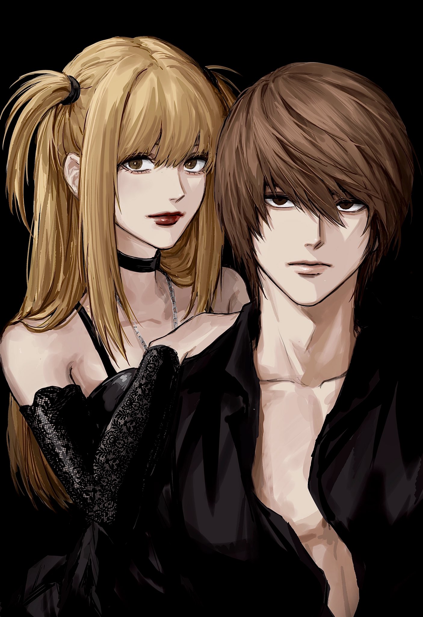 sso s, amane misa, yagami light, death note, highres, 1boy, 1girl, black background, black choker, black shirt, blonde hair, brown eyes, brown hair, choker, closed mouth, collared shirt, hair between eyes, jewelry, lips, long hair, looking at viewer, necklace, open clothes, open shirt, red lips, shirt, short twintails, simple background, sleeveless, twintails, upper body