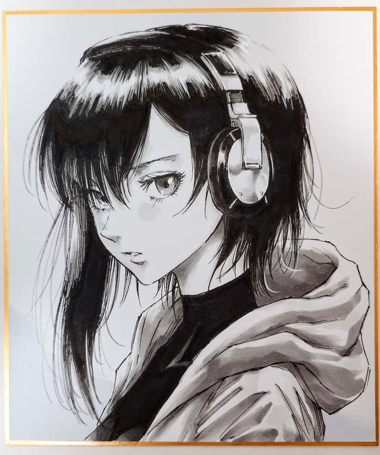 original, commentary request, photo (medium), traditional media, 1girl, expressionless, eyelashes, greyscale, hair over one eye, headphones, hood, hooded jacket, jacket, long bangs, looking at viewer, makomako1061, medium hair, monochrome, open clothes, open jacket, parted bangs, parted lips, shikishi, shirt, solo, turtleneck