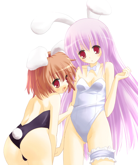 du bist so shoen, mizoguchi (kari), inaba tewi, reisen udongein inaba, touhou, bad id, bad pixiv id, 2girls, animal ears, ass, bare legs, brown hair, female focus, multiple girls, playboy bunny, purple hair, rabbit ears, red eyes