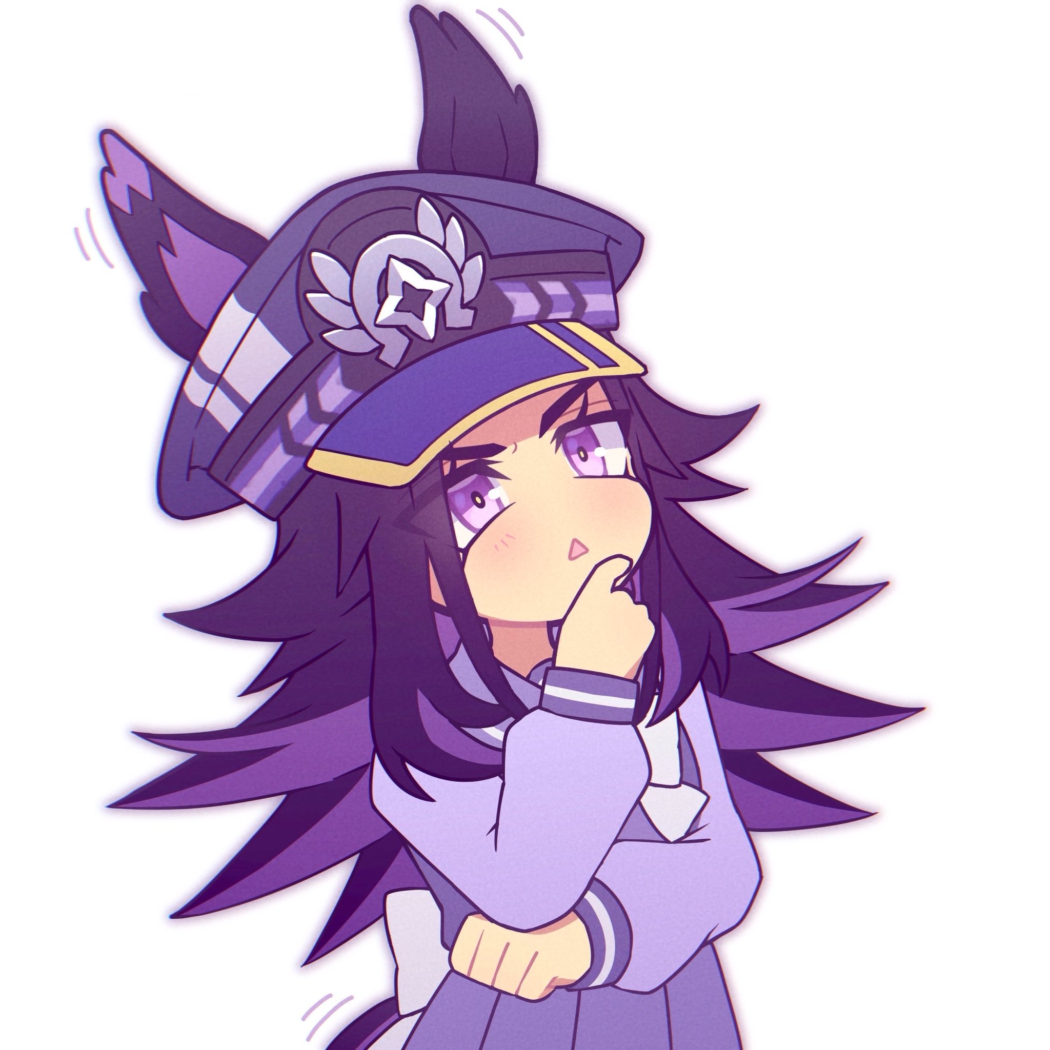 w3n6e, fenomeno (umamusume), umamusume, highres, 1girl, animal ears, black hair, chibi, chibi only, colored inner hair, hat, horse ears, horse girl, horseshoe hat ornament, horseshoe ornament, long hair, long sleeves, multicolored hair, parted lips, purple hair, school uniform, simple background, solo, striped hat, thinking, tracen school uniform, triangle mouth, two-tone hair, upper body, white background