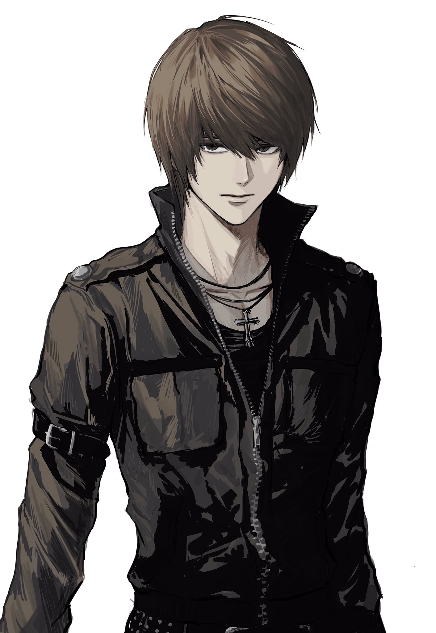 sso s, yagami light, death note, highres, 1boy, alternate costume, black eyes, brown hair, closed mouth, collarbone, cross, cross necklace, full-length zipper, jacket, jewelry, long sleeves, male focus, necklace, partially unzipped, short hair, simple background, solo, upper body, white background, zipper, zipper pull tab