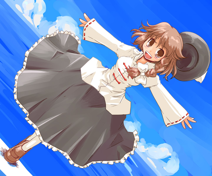 kanoe soushi, usami renko, ghostly field club, touhou, 1girl, :d, black skirt, blush, brown eyes, brown hair, dutch angle, fedora, female focus, hat, long skirt, long sleeves, looking at viewer, ocean, open mouth, outstretched arms, shirt, skirt, smile, solo, standing, water, white shirt, wind