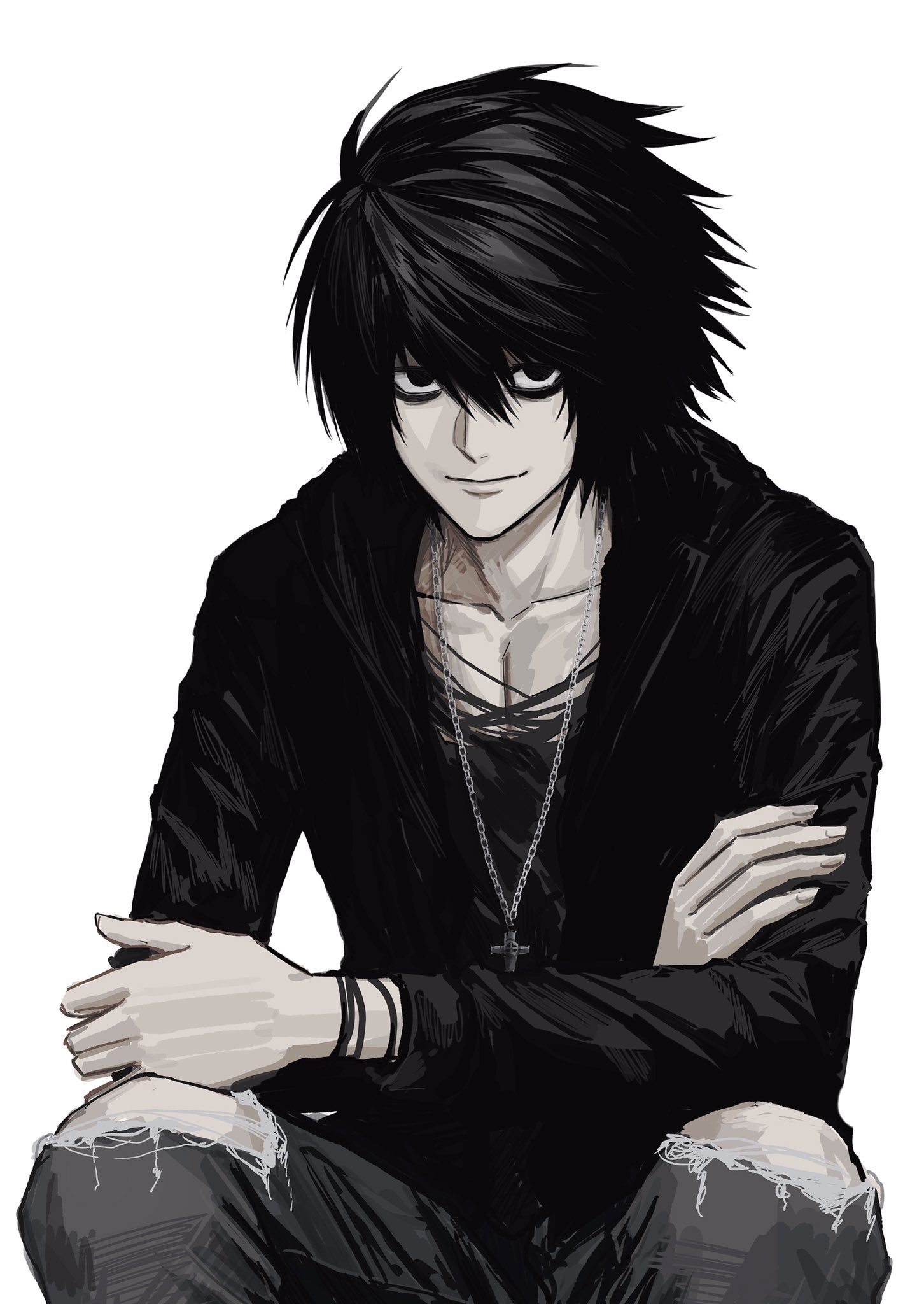 sso s, l (death note), death note, highres, 1boy, alternate costume, bags under eyes, black eyes, black hair, cross, cross necklace, crossed arms, hair between eyes, jewelry, long sleeves, looking at viewer, male focus, necklace, pants, short hair, simple background, sitting, smile, solo, torn clothes, torn pants, white background