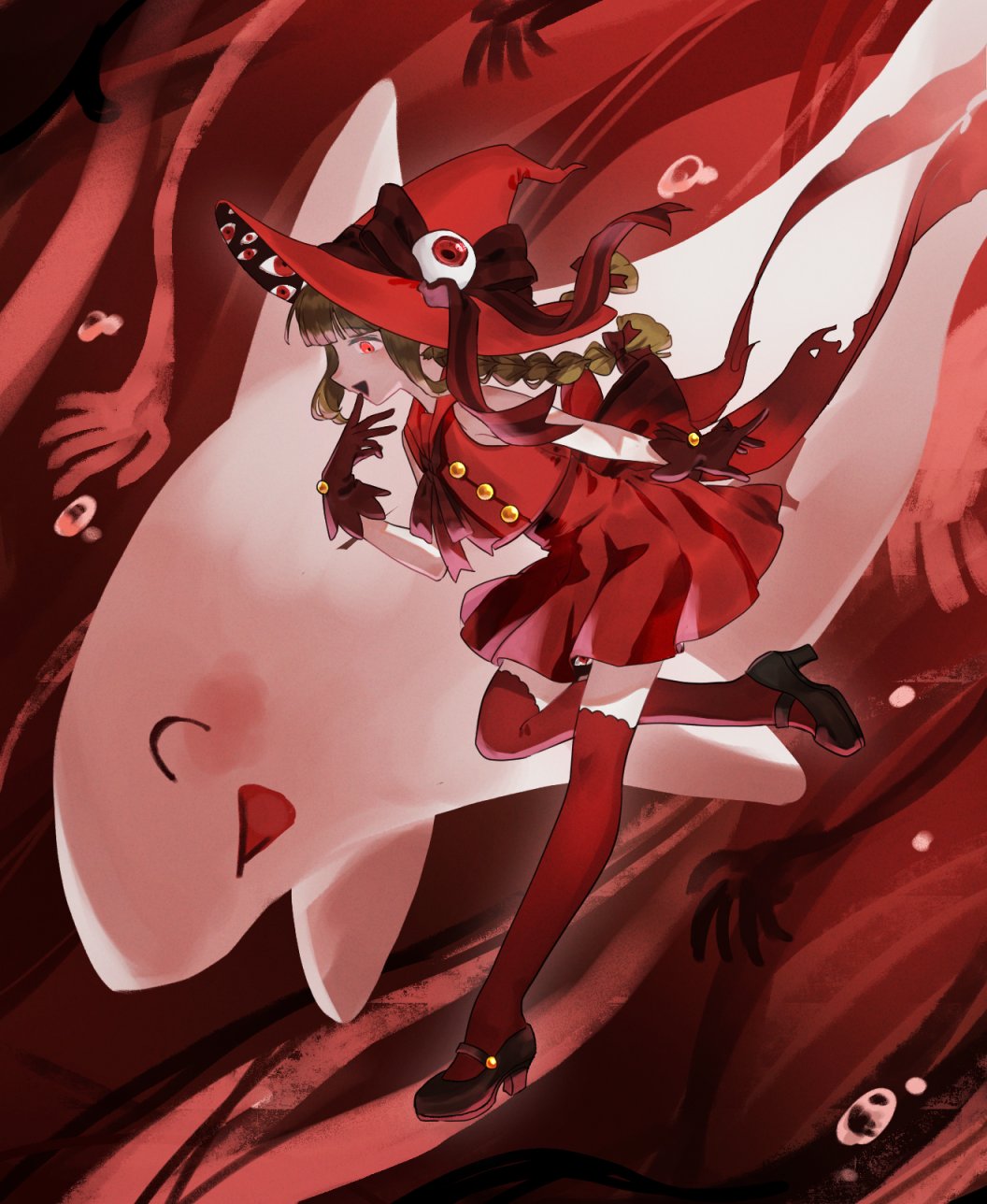 syakesan (funamusea), wadanohara, wadanohara (red sea), funamusea, oounabara to wadanohara, highres, bow, braid, brown hair, gloves, gold buttons, hat, red bow, red eyes, red gloves, red hat, red ribbon, red shirt, red skirt, red thighhighs, ribbon, shark, shibugaki 1025, shirt, skirt, sleeveless, thighhighs, twin braids