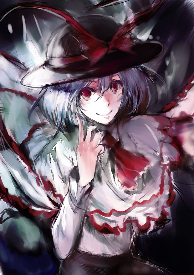 nokishita, nagae iku, touhou, 1girl, bow, female focus, frills, hat, hat bow, long sleeves, looking at viewer, purple hair, red eyes, shawl, short hair, smile, solo