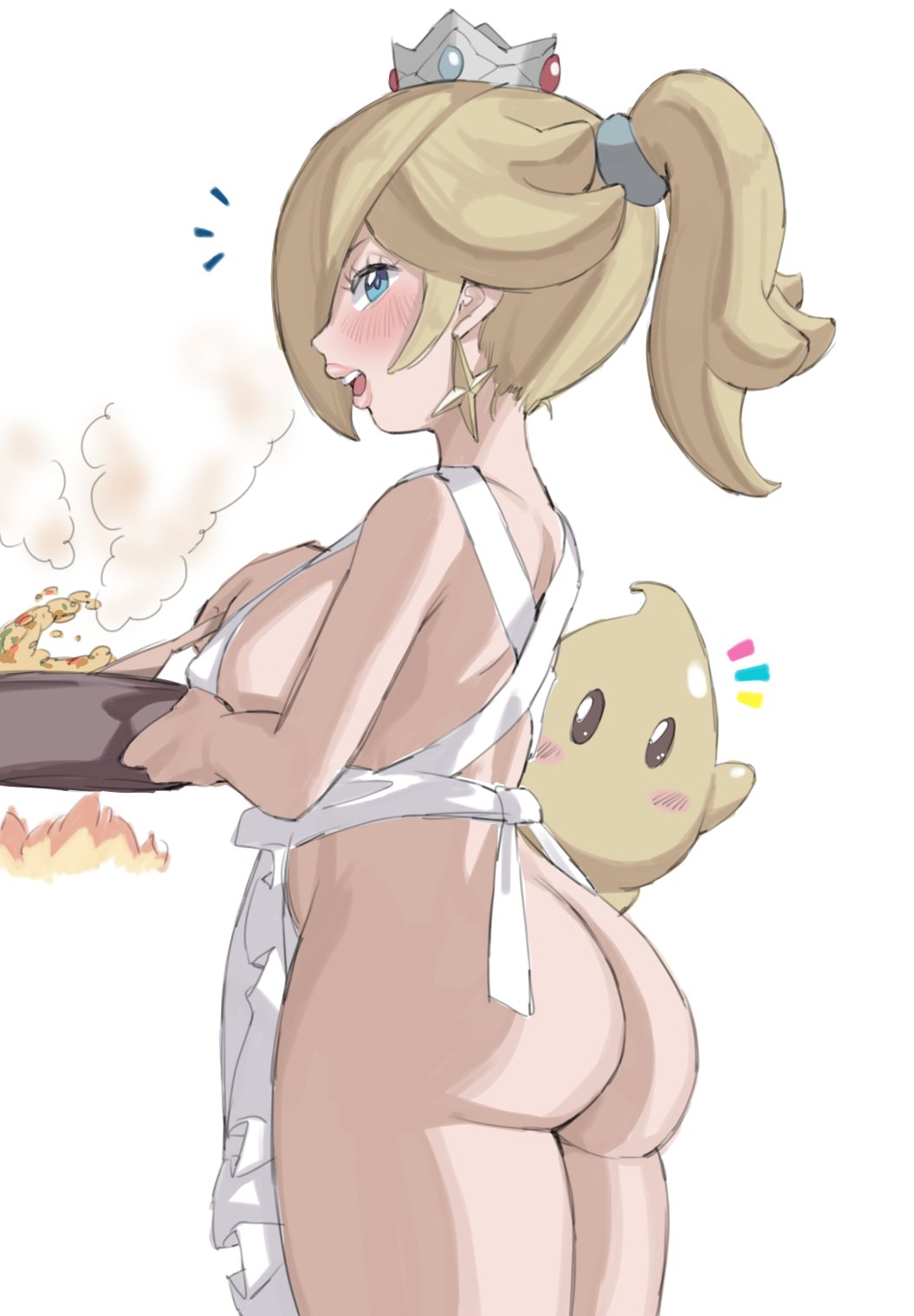 toggy keiichi, luma (mario), rosalina, mario (series), nintendo, highres, 1girl, apron, ass, blonde hair, blue eyes, blush, breasts, cooking, crown, earrings, hair over one eye, jewelry, naked apron, open mouth, ponytail, star (symbol), star earrings