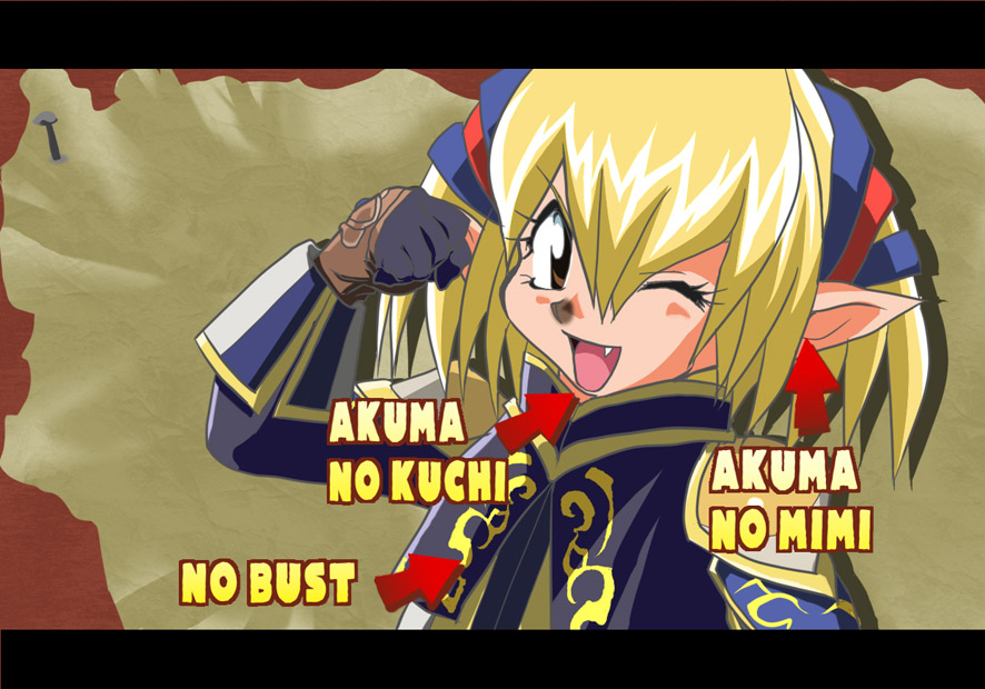 hayashibara megumi, lina inverse, shantotto, dissidia final fantasy, final fantasy, final fantasy xi, slayers, translated, 1girl, blonde hair, fang, female focus, letterboxed, one eye closed, parody, pointy ears, romaji text, short twintails, solo, tarutaru, twintails, voice actor connection, wink