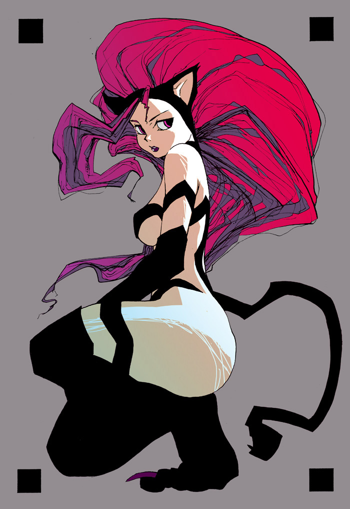 oono tsutomu, felicia (darkstalkers), capcom, darkstalkers, fur, 1girl, alternate color, alternate costume, alternate hair color, animal ears, animal hands, big hair, cat ears, cat tail, female focus, full body, kneeling, long hair, multicolored hair, on one knee, purple eyes, purple hair, red hair, simple background, solo, squatting, tail, thighhighs, two-tone hair