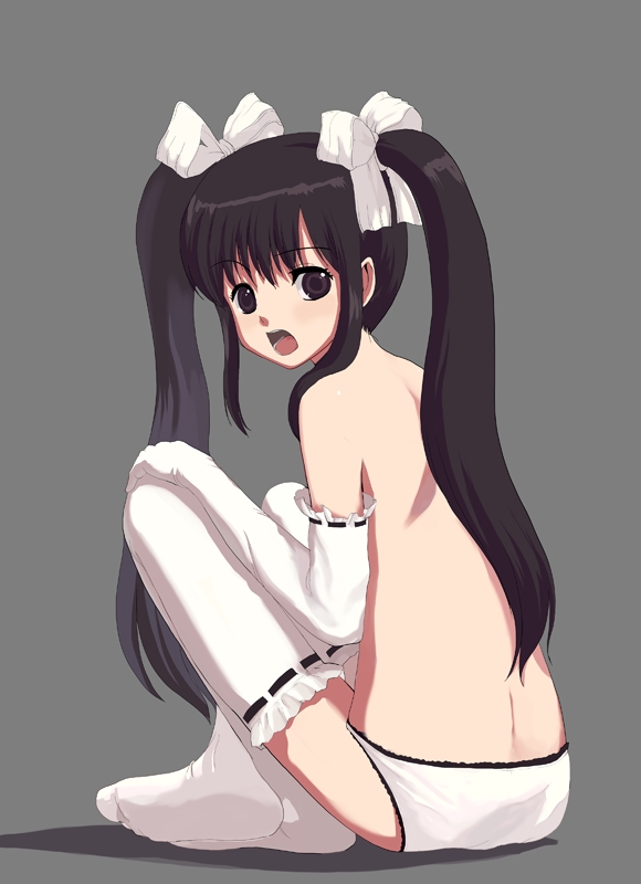 natori (natorism), original, 1girl, black eyes, black hair, detached sleeves, female focus, loli, paint.net (medium), panties, solo, thighhighs, topless female, twintails, underwear, underwear only