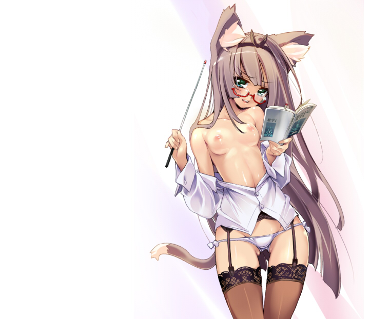 ashishun, original, lace-trimmed legwear, 1girl, animal ears, bare shoulders, blue eyes, book, breasts, cat ears, cat tail, female focus, garter belt, glasses, grey hair, lace, lace trim, long hair, lowleg, lowleg panties, nipples, open clothes, open shirt, panties, shirt, side-tie panties, solo, tail, thighhighs, underwear, very long hair