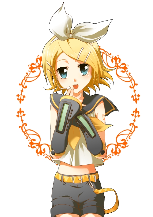 migu, kagamine rin, vocaloid, bad id, bad pixiv id, belt, blonde hair, blue eyes, bow, detached sleeves, hair bow, hair ornament, hairclip, midriff, short hair, shorts, solo