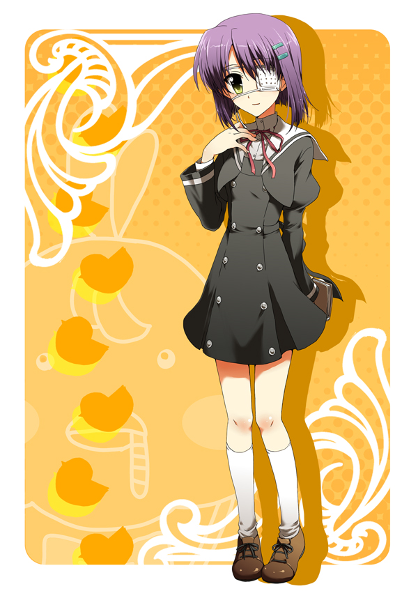 migu, shindou chihiro, ef (visual novel), bad id, bad pixiv id, 00s, eyepatch, hair ornament, hairclip, kneehighs, purple hair, school uniform, short hair, socks, solo, yellow eyes