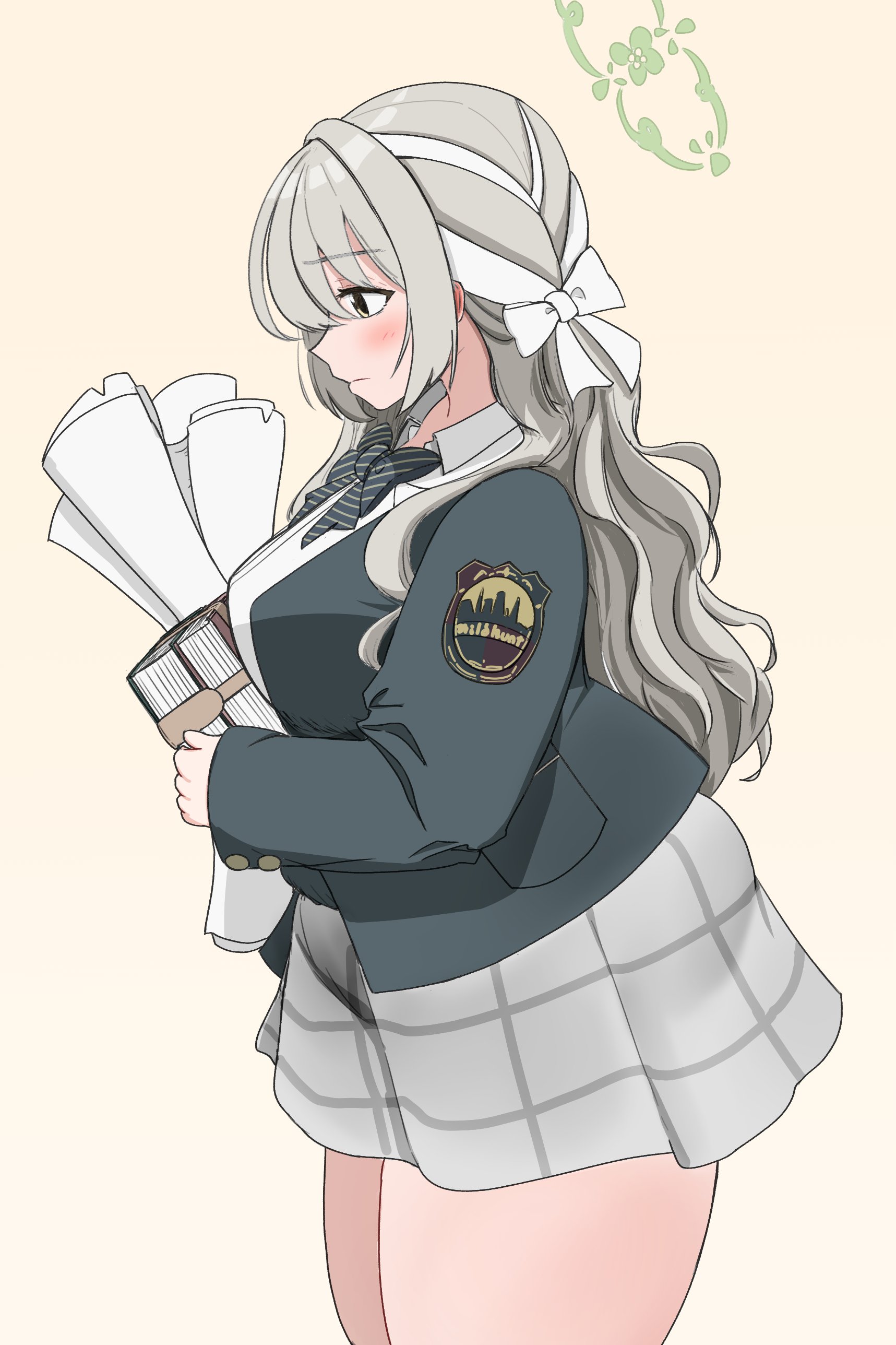 wawawaltz, miyo (blue archive), blue archive, absurdres, highres, 1girl, blazer, blush, book, bow, bowtie, breasts, brown eyes, from side, grey hair, grey skirt, hair bow, hair ribbon, halo, holding, holding book, jacket, long hair, medium breasts, multicolored hair, open clothes, open jacket, plaid clothes, plaid skirt, plump, ribbon, school uniform, shirt, simple background, skirt, solo, standing, thick thighs, thighs, white bow, white hair, white shirt