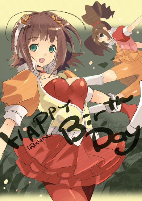 taira tsukune, amami haruka, takatsuki yayoi, idolmaster, idolmaster (classic), pop sound blossom, bad id, bad pixiv id, 00s, bike shorts, frills, gloves, hair ribbon, headphones, megaphone, ribbon, twintails