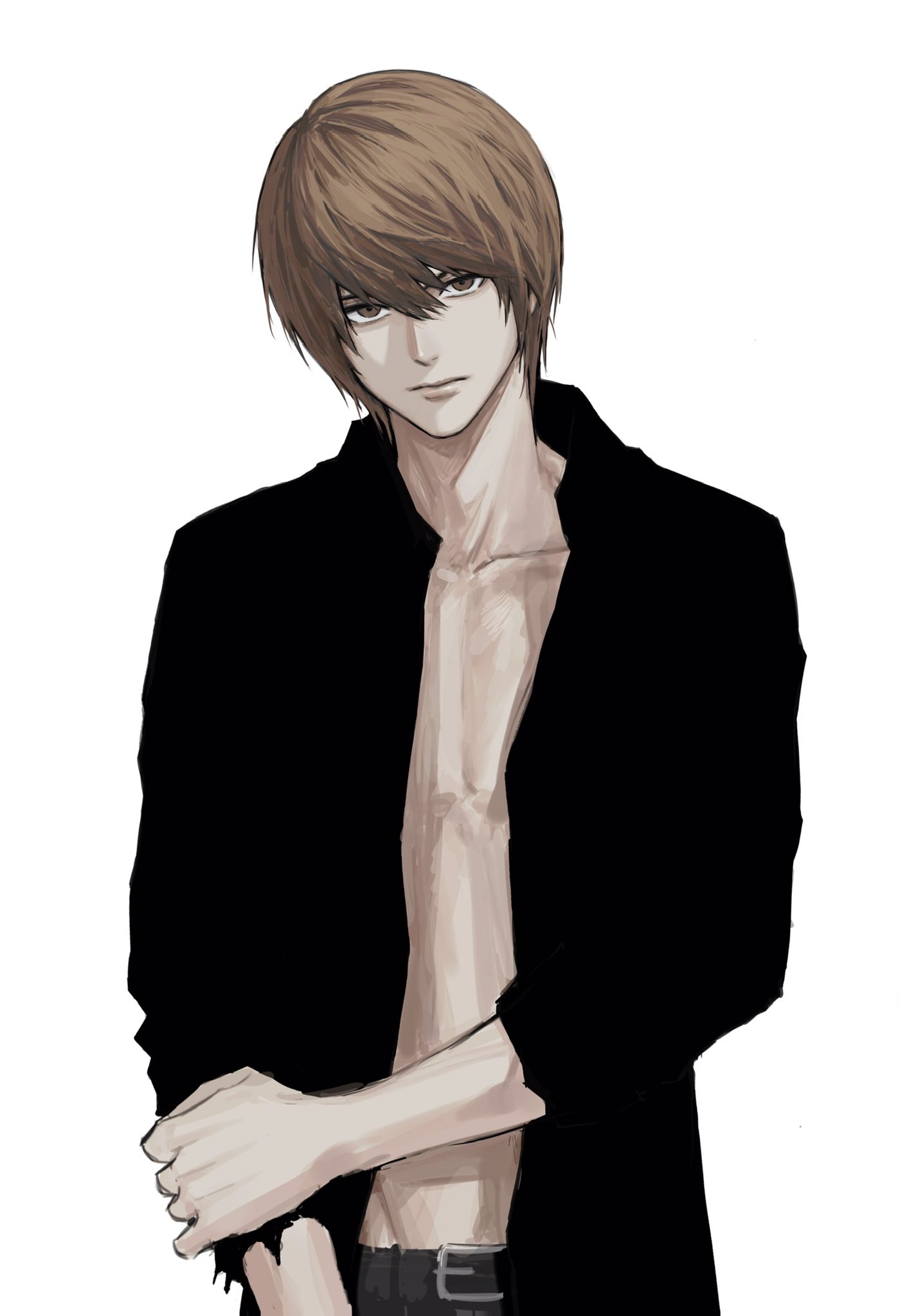 sso s, yagami light, death note, highres, 1boy, belt, black shirt, brown eyes, brown hair, closed mouth, collarbone, hand on own arm, looking at viewer, male focus, open clothes, open shirt, shirt, simple background, solo, upper body, white background