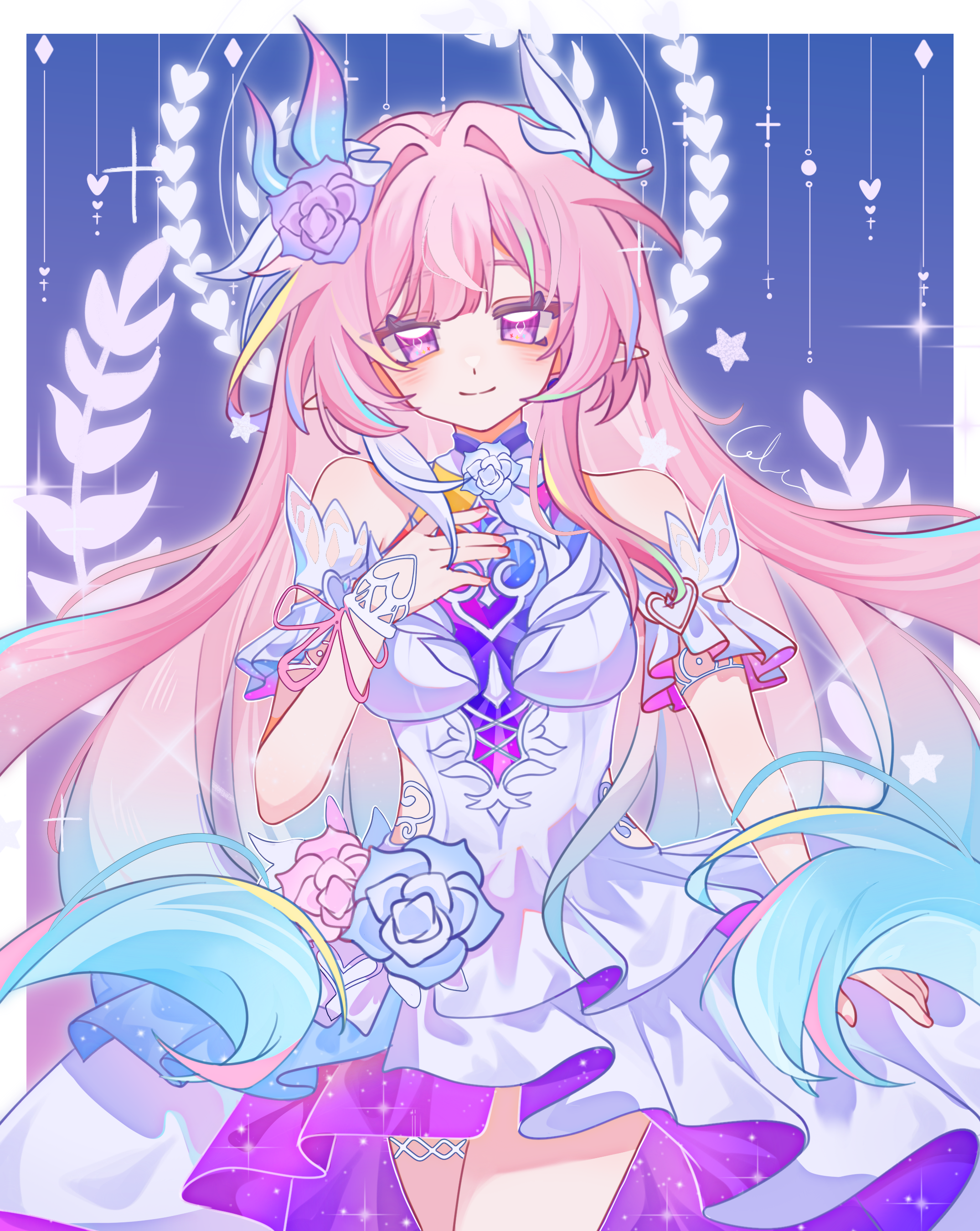 catlenxingxing, cyrene (honkai: star rail), cyrene (ripples of past reverie) (honkai: star rail), honkai: star rail, honkai (series), absurdres, chinese commentary, commentary request, highres, 1girl, aqua hair, bare shoulders, border, cowboy shot, diamond-shaped pupils, diamond (shape), dress, flower, hair flower, hair ornament, halo, long hair, multicolored hair, pink hair, pointy ears, purple background, purple eyes, smile, solo, symbol-shaped pupils, thighs, very long hair, white border, white dress, white hair