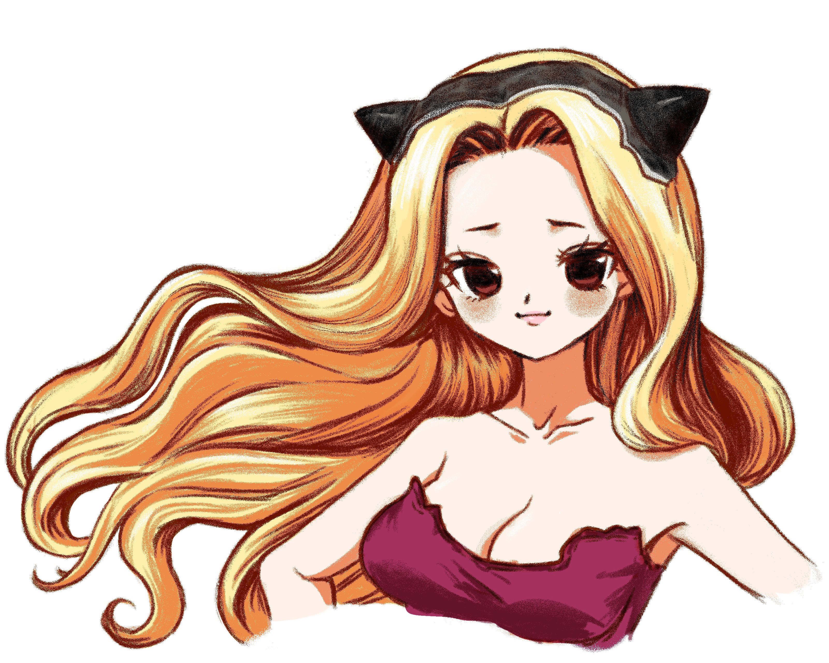 dr. stone, absurdres, highres, 1girl, 4611 chan, animal ears, bare shoulders, blonde hair, blush, breasts, brown eyes, cat ears, cleavage, closed mouth, collarbone, dress, fake animal ears, floating hair, hairband, hokutouzai minami, long hair, looking at viewer, medium breasts, smile, solo, transparent background, upper body, white background