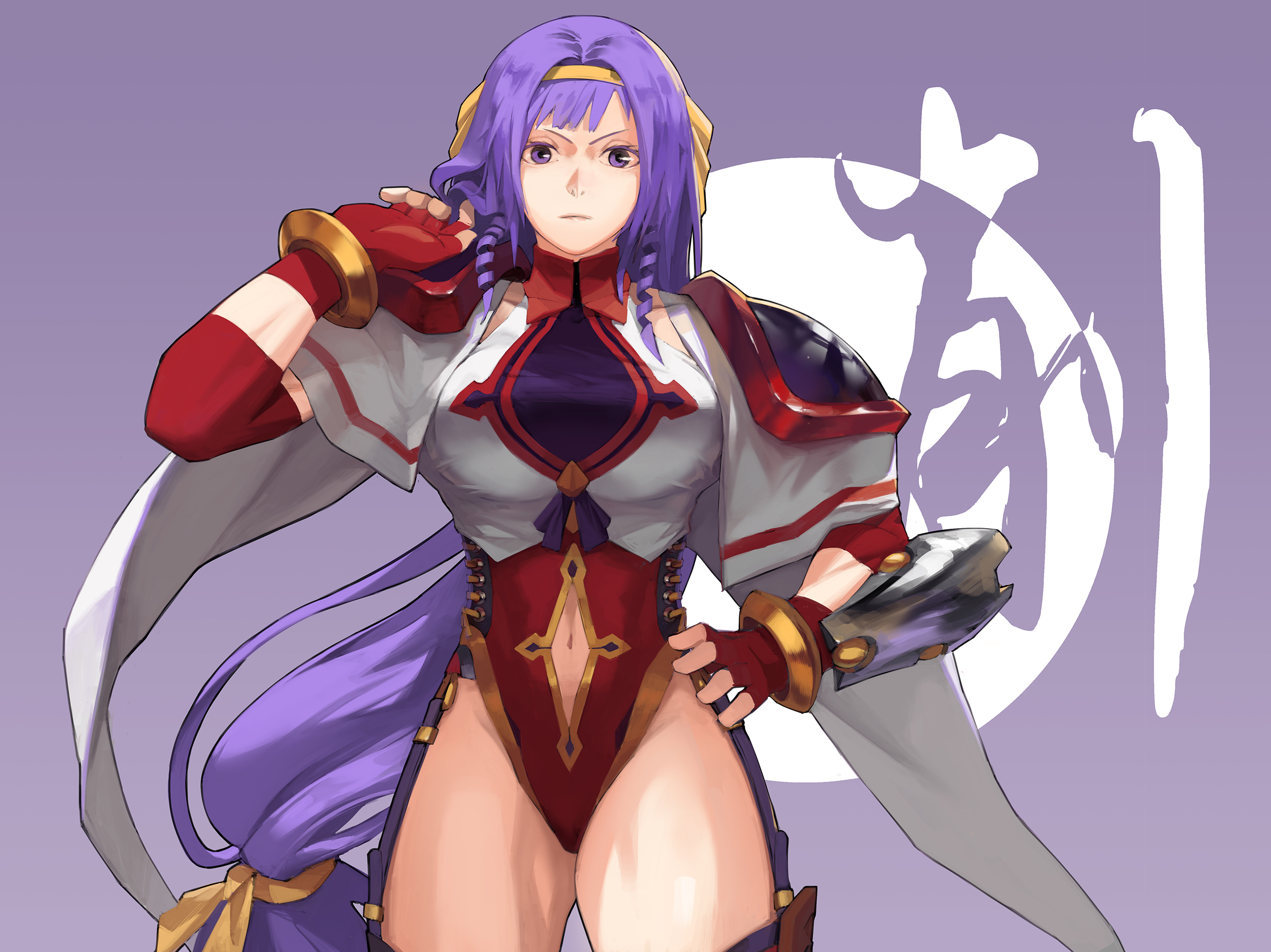 firudo, character request, check character, chinese commentary, commentary request, highres, translation request, arm armor, armor, boots, bracelet, breasts, cape, capelet, clothing cutout, collar, collared leotard, cowboy shot, detached sleeves, drill hair, drill sidelocks, fingerless gloves, floating hair, garter straps, gloves, gold trim, hair intakes, hairband, hand in own hair, hand on own hip, jewelry, large breasts, leotard, long hair, looking at viewer, low-tied long hair, multicolored leotard, navel, navel cutout, odisha shelt, purple background, purple eyes, purple hair, purple leotard, red collar, red gloves, red leotard, red sleeves, ribbon, shoulder armor, sidelocks, single arm armor, standing, straight-on, thigh boots, thighs, v-shaped eyebrows, very long hair, white cape, white capelet, white leotard, wind fantasy (series), wind fantasy sp, yellow hairband, yellow ribbon