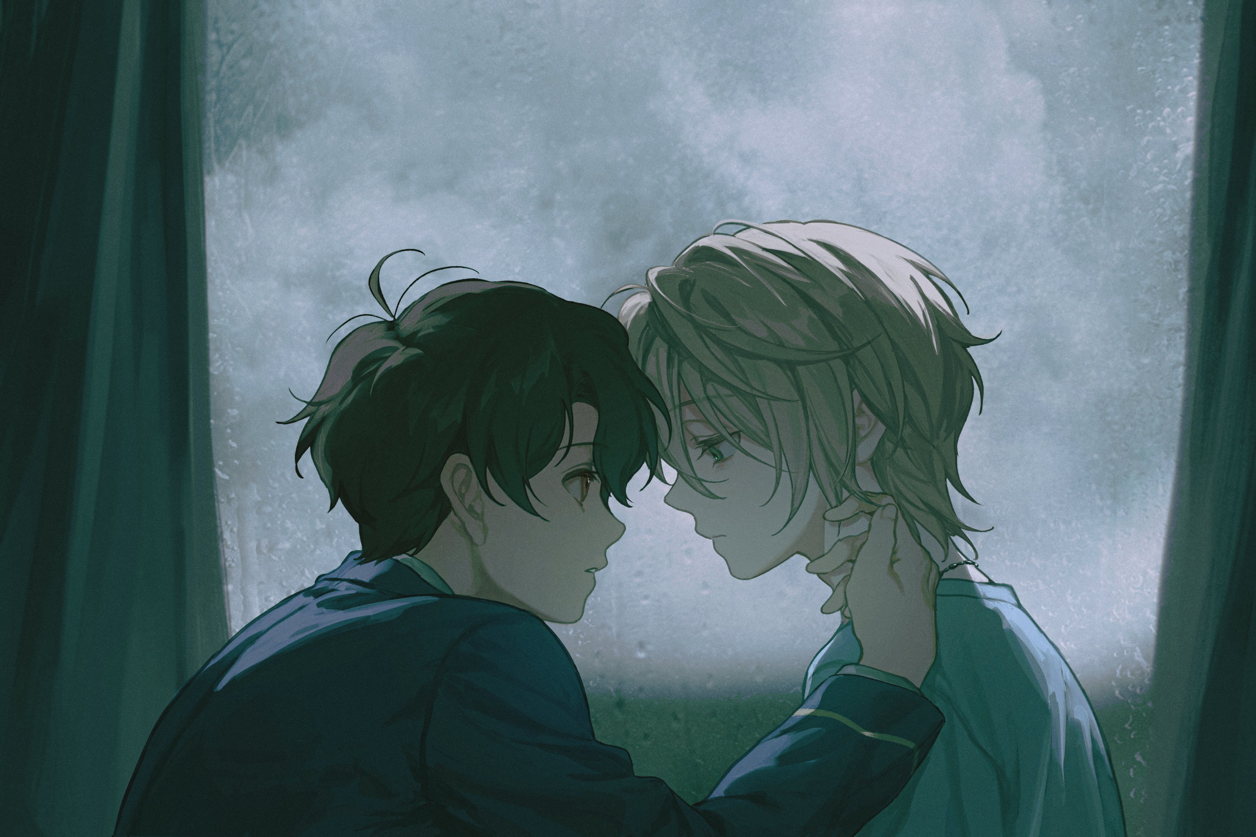 soda13erry, kaizuka inaho, slaine troyard, aldnoah.zero, absurdres, highres, 2boys, ahoge, blonde hair, blue jacket, blue shirt, brown hair, closed mouth, cloud, cloudy sky, curtains, expressionless, hand on another's neck, jacket, looking at another, male focus, multiple boys, shirt, short hair, sky, upper body, window