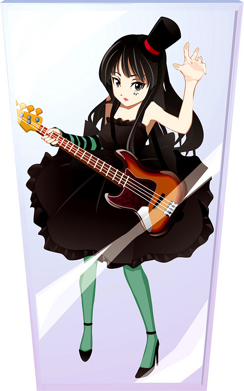 etohito, akiyama mio, don't say "lazy", k-on!, 00s, 1girl, aqua pantyhose, bass guitar, black eyes, black hair, blue pantyhose, dress, facepaint, female focus, fingerless gloves, gloves, guitar, hat, instrument, mini hat, mini top hat, mirror, pantyhose, reflection, solo, top hat