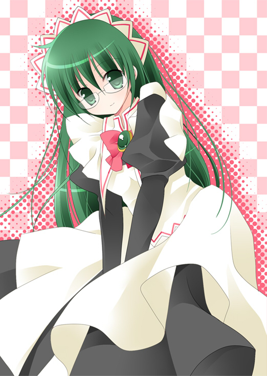 kaga akuru, kijima saki, hayate no gotoku!, 00s, 1girl, apron, black dress, blush, bow, brooch, checkered background, dress, female focus, gem, glasses, green eyes, green hair, jewelry, juliet sleeves, leaning forward, long hair, long sleeves, looking at viewer, maid, maid apron, maid headdress, matching hair/eyes, no nose, puffy sleeves, solo, standing, tareme