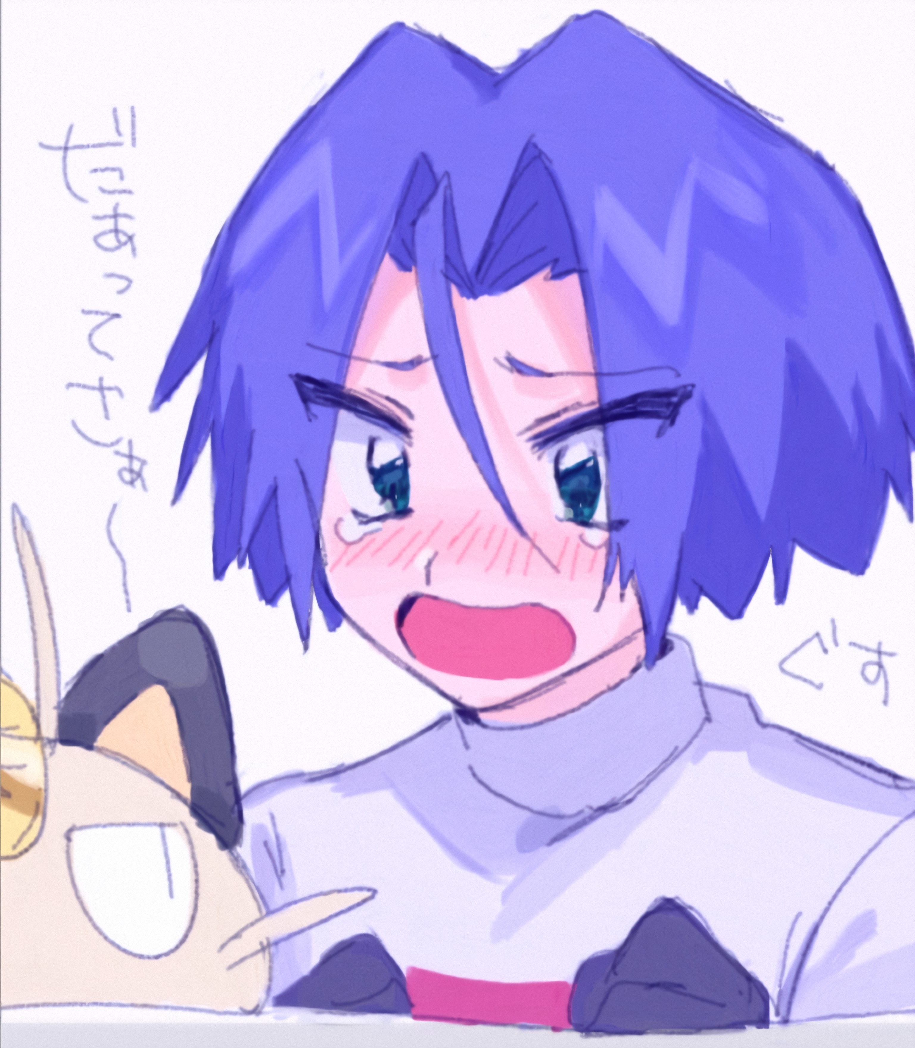 ameya (okemu ame), xx 9 9 xx, james (pokemon), meowth, nintendo, pokemon, pokemon (anime), pokemon (classic anime), absurdres, highres, 1boy, black gloves, blue hair, blush, crying, gen 1 pokemon, gloves, green eyes, open mouth, pokemon (creature), sad, team rocket, team rocket uniform, tears, white background