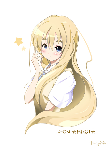 sys.ao, kotobuki tsumugi, k-on!, bad id, bad pixiv id, 00s, 1girl, blonde hair, blue eyes, female focus, long hair, school uniform, solo, white background