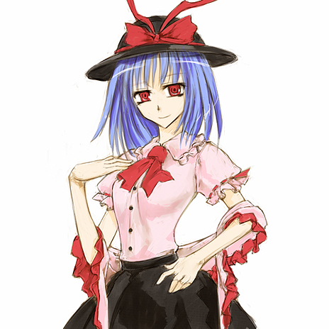 cervus, nagae iku, touhou, lowres, 1girl, blue hair, female focus, hat, short hair, simple background, solo, standing, white background