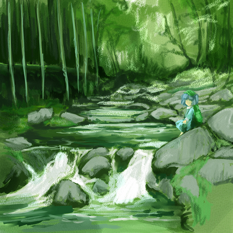 cervus, kawashiro nitori, touhou, lowres, 1girl, backpack, bag, blue hair, female focus, hat, nature, outdoors, plant, randoseru, river, short hair, solo