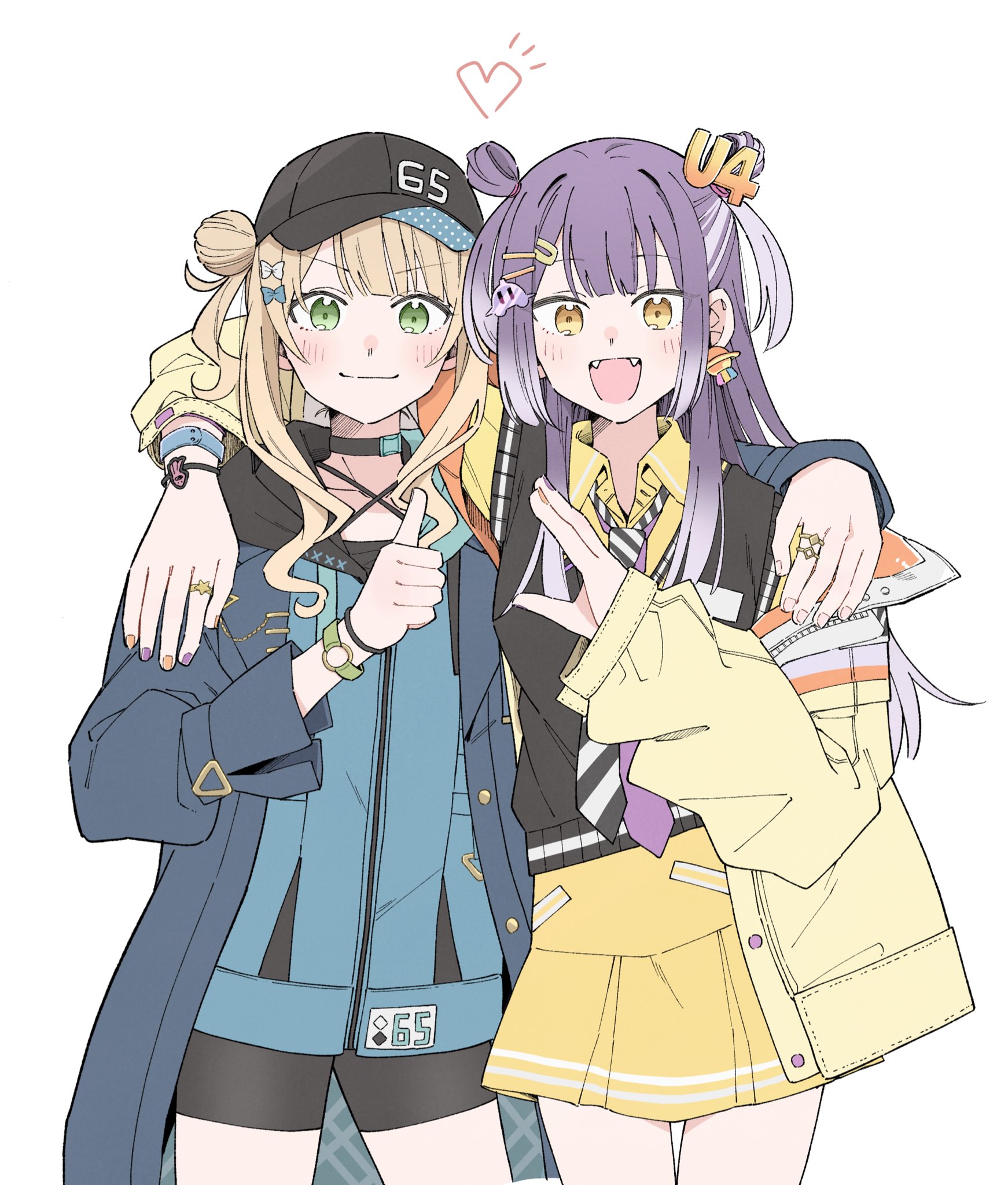kaburaki roco, kaburaki roco (1st costume), umise yotsuha, nijisanji, highres, 2girls, arm on another's shoulder, bike shorts, blonde hair, choker, double bun, fangs, gradient hair, green eyes, hair bun, hat, heart hands failure, jacket, kinniku cutie, long hair, multicolored hair, multiple girls, necktie, open clothes, open jacket, open mouth, purple hair, thumbs up, ufo hair ornament, virtual youtuber, yellow eyes, yellow jacket
