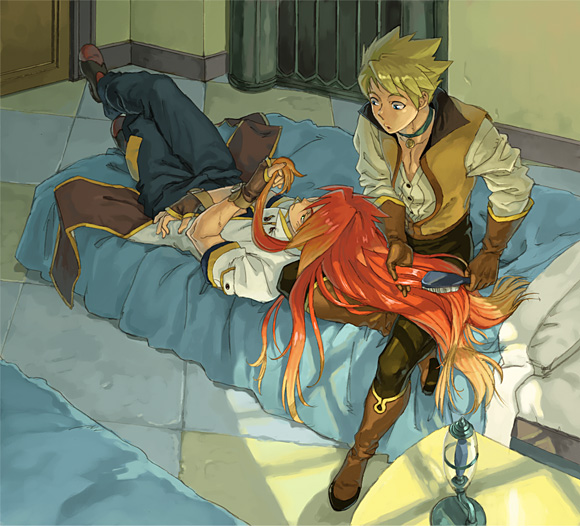guy cecil, luke fon fabre, tales of (series), tales of the abyss, 00s, 2boys, bed, blouse, brushing hair, door, full body, hair brush, holding, holding own hair, indoors, long hair, male focus, multiple boys, reclining, red hair, shirt, spiked hair, white shirt