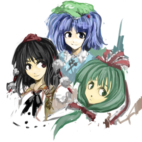 cervus, kagiyama hina, kawashiro nitori, shameimaru aya, touhou, lowres, 3girls, black hair, blue eyes, blue hair, female focus, front ponytail, green eyes, green hair, hair ribbon, hat, multiple girls, ribbon, short hair, tokin hat, twintails, two side up