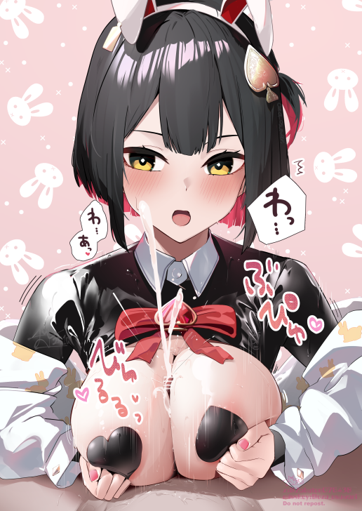 oza osuwari, rouge (nikke), rouge (unlucky rabbit) (nikke), goddess of victory: nikke, translation request, 1boy, 1girl, animal ear hairband, animal ears, areola slip, bar censor, black hair, black shrug, blush, bob cut, bow, breasts, breasts squeezed together, censored, cleavage, coat, collared shrug, colored inner hair, cum, ejaculation, fake animal ears, fingernails, hair ornament, hairband, heart pasties, inverted bob, large breasts, long sleeves, looking down, mismatched pasties, multicolored hair, nail polish, one side up, open mouth, paizuri, pasties, penis, pink background, pink hair, pink nails, rabbit background, rabbit ear hairband, rabbit ears, red bow, reverse bunnysuit, reverse outfit, short hair, shrug (clothing), signature, solo focus, spade hair ornament, spade pasties, sweat, two-tone hair, white coat, white hairband, yellow eyes