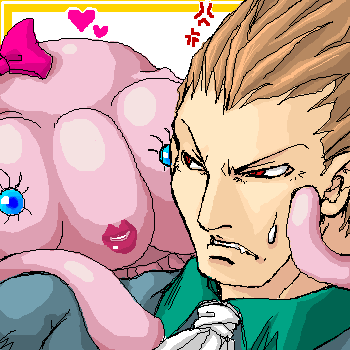 demitri maximoff, mars people, capcom, darkstalkers, metal slug, snk, aliasing, lowres, 1boy, anger vein, blue eyes, crossover, lipstick, makeup, midnight bliss, red eyes, sweatdrop, vampire