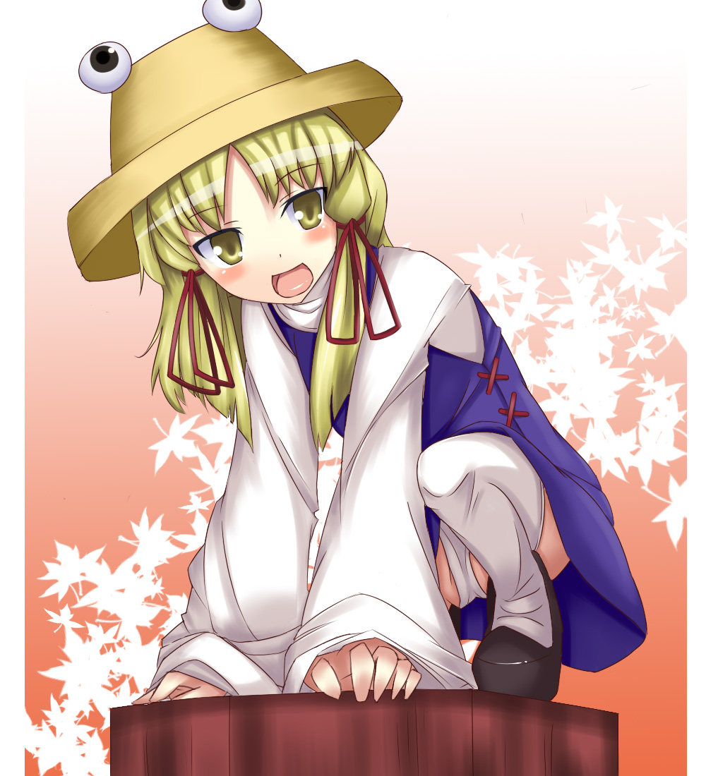 cro, gr (artist), moriya suwako, touhou, 1girl, :d, arm support, blonde hair, blush, female focus, hair ribbon, hat, leaf, leaf background, leaning forward, long hair, open mouth, panties, pantyshot, ribbon, smile, solo, squatting, thighhighs, underwear, yellow eyes