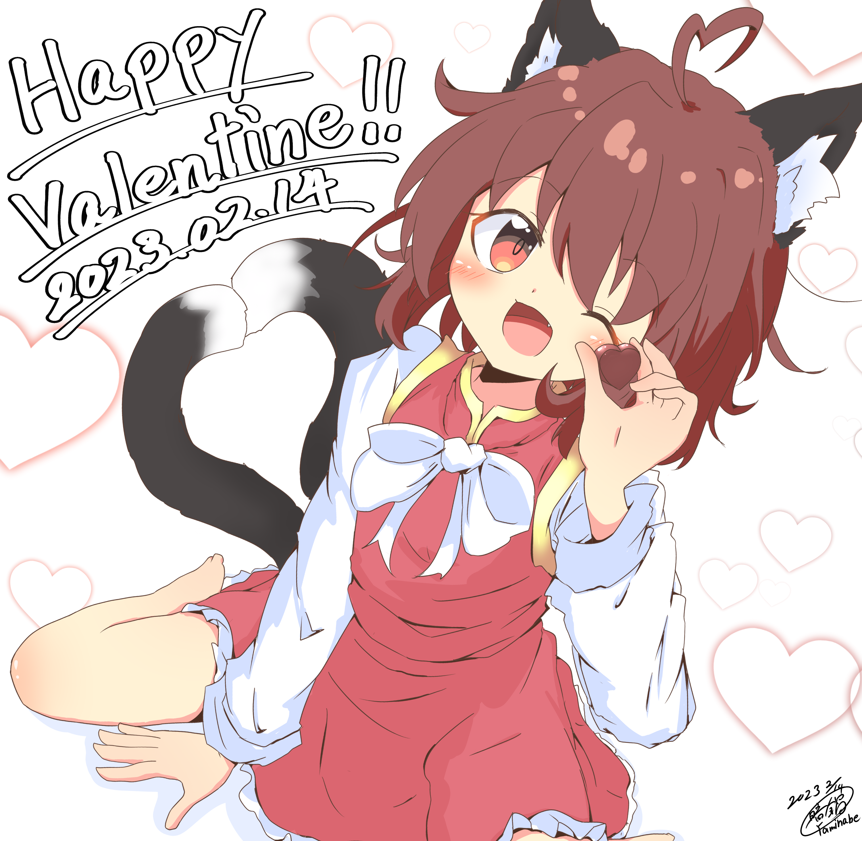 yaminabe (honnouji no kaninabe), chen, touhou, absurdres, commentary, highres, 1girl, ;d, ahoge, animal ear fluff, animal ears, bare legs, barefoot, blush, bow, bowtie, candy, cat ears, cat girl, cat tail, chocolate, chocolate heart, dated, dress, fang, food, happy halloween, heart, heart-shaped food, heart ahoge, heart background, holding, holding chocolate, holding food, long sleeves, looking at viewer, multiple tails, one eye closed, open mouth, red dress, shirt, signature, sitting, smile, solo, tail, two tails, wariza, white background, white bow, white bowtie, white shirt