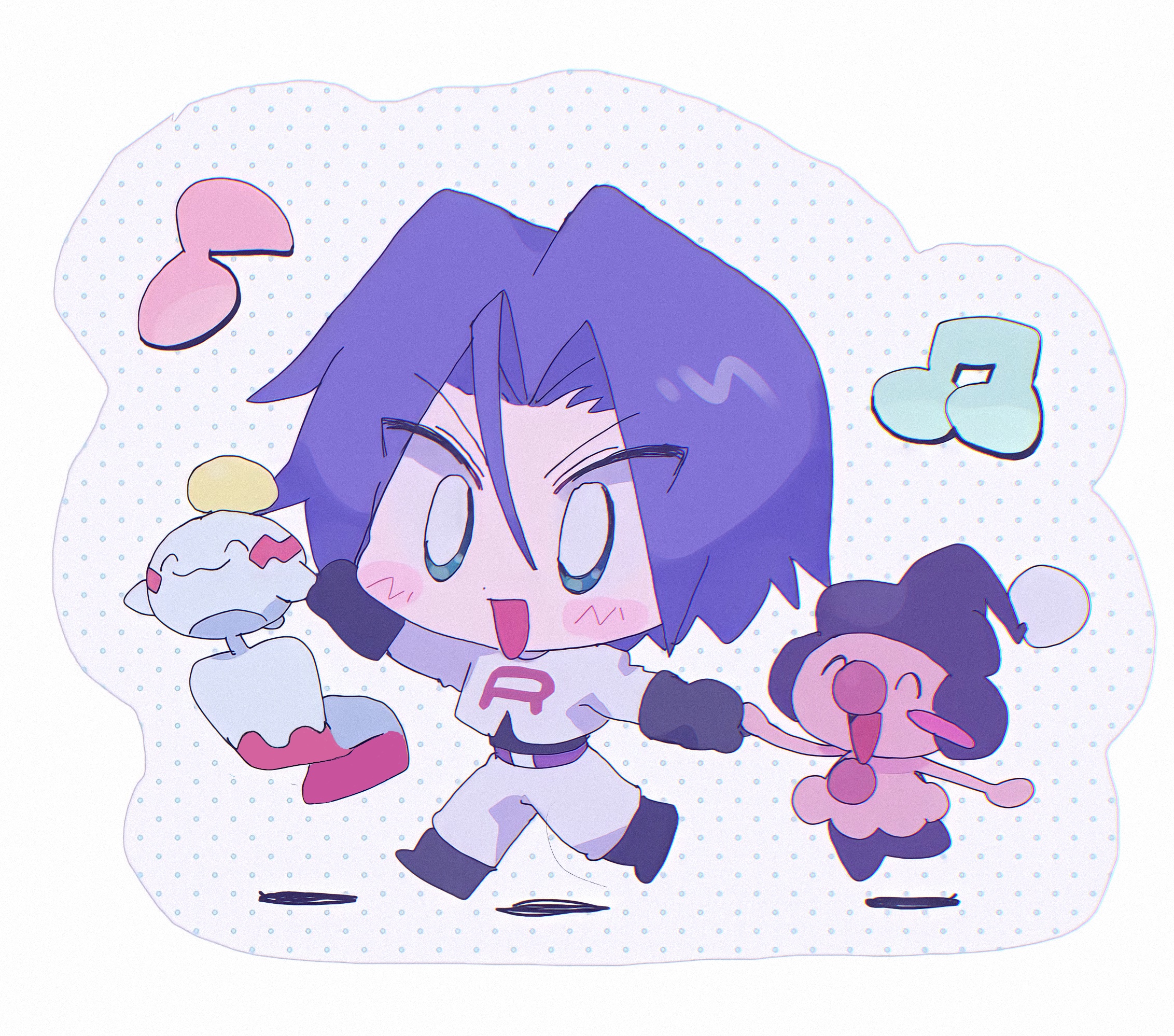 ameya (okemu ame), xx 9 9 xx, chimecho, james (pokemon), mime jr., nintendo, pokemon, pokemon (anime), highres, 1boy, black gloves, blue hair, blush, chibi, gen 3 pokemon, gen 4 pokemon, gloves, open mouth, pokemon (creature), team rocket, team rocket uniform, white background