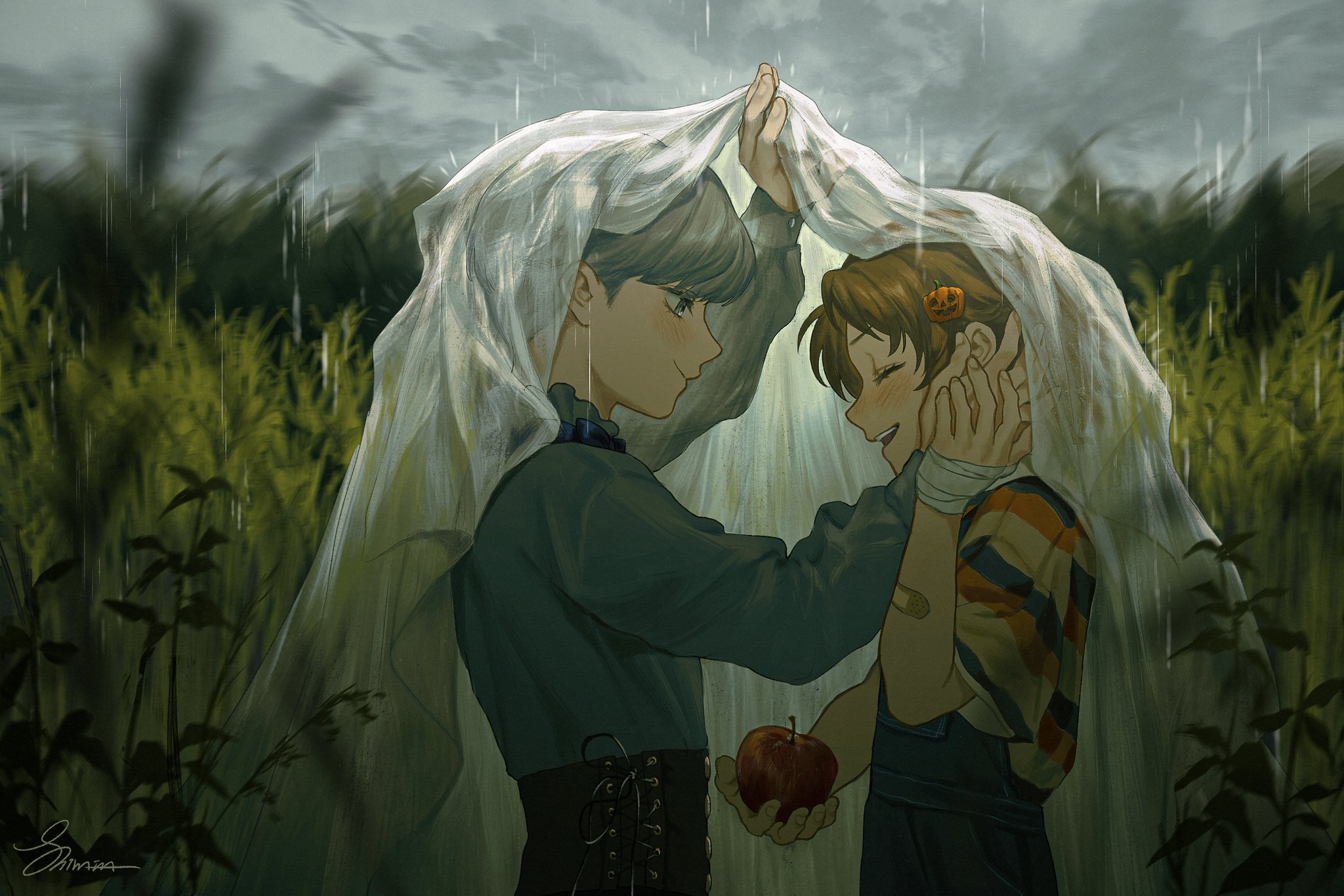 soda13erry, hanamura yousuke, narukami yu, persona, persona 4, hashtag-only commentary, highres, 2boys, apple, bandaged hand, bandages, bandaid, bandaid on arm, black corset, blanket veil, blurry, brown hair, cloud, cloudy sky, corset, depth of field, food, fruit, grass, grey hair, grey shirt, hair ornament, hairclip, hand on another's head, holding, holding food, holding fruit, jack-o'-lantern, jack-o'-lantern hair ornament, long sleeves, looking at another, male focus, multiple boys, outdoors, rain, shirt, short hair, short sleeves, sky, smile, striped clothes, striped shirt, tall grass