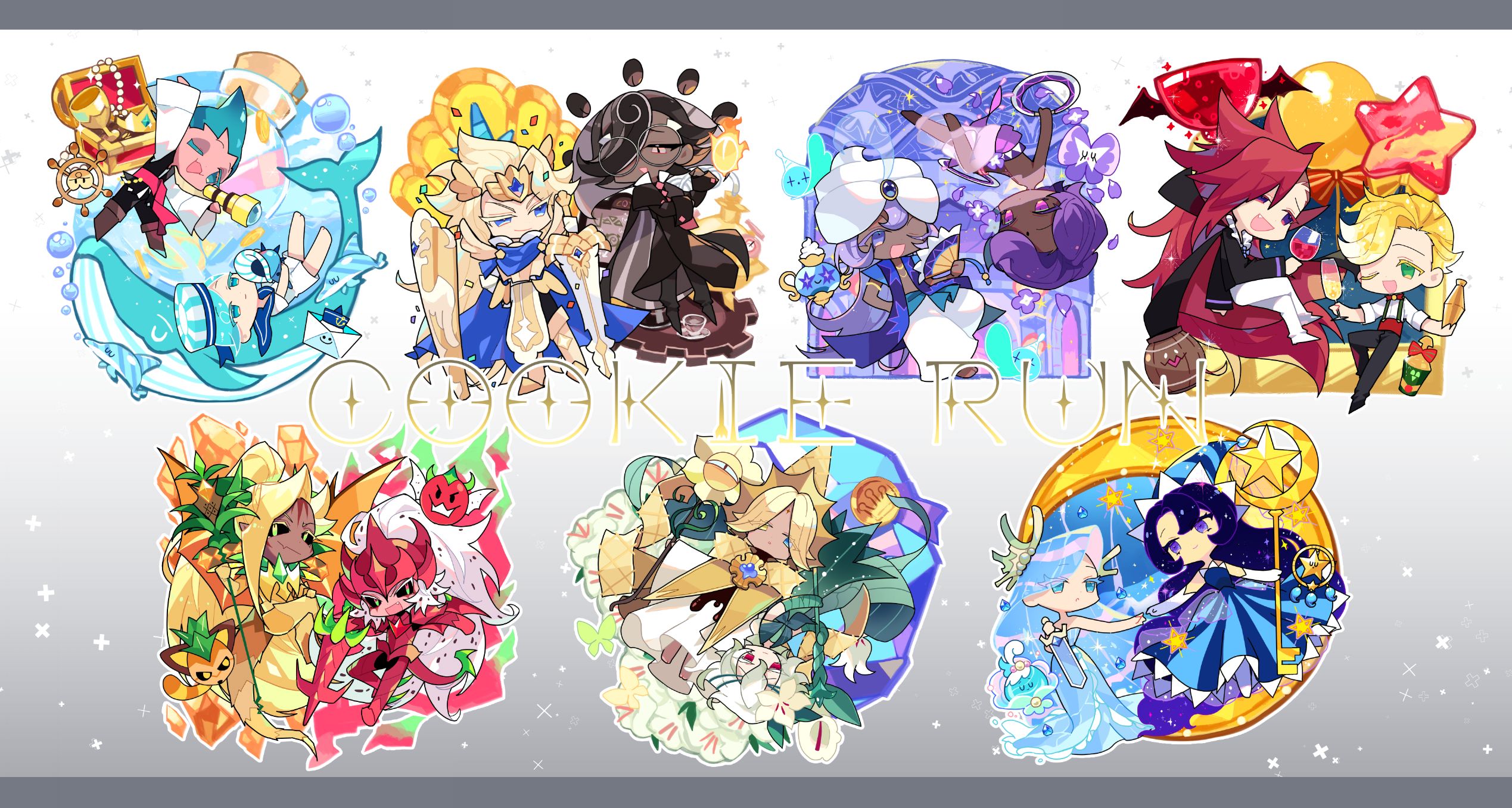 k4m, ananas dragon cookie, espresso cookie, lilac cookie, madeleine cookie, moonlight cookie, peppermint cookie, pitaya dragon cookie, pure vanilla cookie, sea fairy cookie, sorbet shark cookie, sparkling cookie, vampire cookie, white lily cookie, yogurt cream cookie, cookie run, cookie run: kingdom, cookie run: ovenbreak, white lily, commentary request, highres, 3girls, 4others, 6+boys, :d, ;d, absurdly long hair, alcohol, animal, arabian clothes, arm up, armor, armored boots, asymmetrical bangs, bandaged arm, bandages, bare arms, bare shoulders, barefoot, black cape, black coat, black pants, black sclera, black shirt, blonde hair, blue cape, blue dress, blue eyes, blue hair, blue hat, boots, bottle, bow tie bottle, brown eyes, bubble, cape, chakram, champagne flute, chibi, chibi only, coat, coffee beans, colored eyelashes, colored sclera, copyright name, cup, curtained hair, dark-skinned male, dark skin, dragon fruitling, dragon tail, dragon wings, dreamcatcher (cookie run), dress, drinking glass, elbow gloves, eye contact, fang, flower, food-themed hair, full armor, full body, glasses, gloves, gradient background, green dress, green eyes, grey-framed eyewear, grey background, hair behind ear, hair flower, hair ornament, hat, helmet, helmsman will, heterochromia, holding, holding bottle, holding cup, holding shield, holding staff, holding sword, holding telescope, holding weapon, humanization, knee boots, letterboxed, long dress, long hair, long sleeves, looking at another, looking at viewer, magic lamp (cookie run), mouth veil, multiple boys, multiple girls, multiple others, no sclera, oak barrel, one eye closed, open mouth, outline, pants, paper boat sailor, parted bangs, pineapplemur, purple eyes, purple hair, purple petals, red armor, red cape, red eyes, red hair, red helmet, red tail, red wine, red wings, round eyewear, see-through clothes, see-through veil, shield, shirt, shoes, short hair, short sleeves, side cut, simple background, sitting, skin fang, smile, staff, standing, standing on one leg, star (symbol), star balloon, strapless, strapless dress, striped clothes, striped dress, striped hat, suspenders, sword, tail, telescope, topless male, tranquil bloom, treasure chest, two-sided cape, two-sided fabric, veil, vertical-striped clothes, vertical-striped dress, very dark skin, very long hair, very short hair, wave drop, weapon, whale, white background, white eyelashes, white flower, white gloves, white hair, white outline, white pants, white shirt, white shoes, white turban, white veil, wine, wine glass, wings, wizard hat, yellow armor, yellow boots, yellow eyes, yellow hat, yellow tail, yellow wings