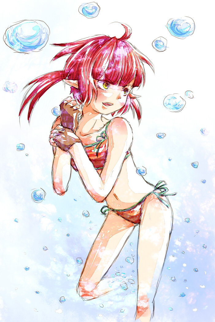 suzutou, original, bad id, bad pixiv id, 1girl, bikini, bubble, female focus, fingerless gloves, gloves, orange eyes, pointy ears, red hair, short hair, side-tie bikini bottom, solo, striped bikini, striped clothes, swimsuit