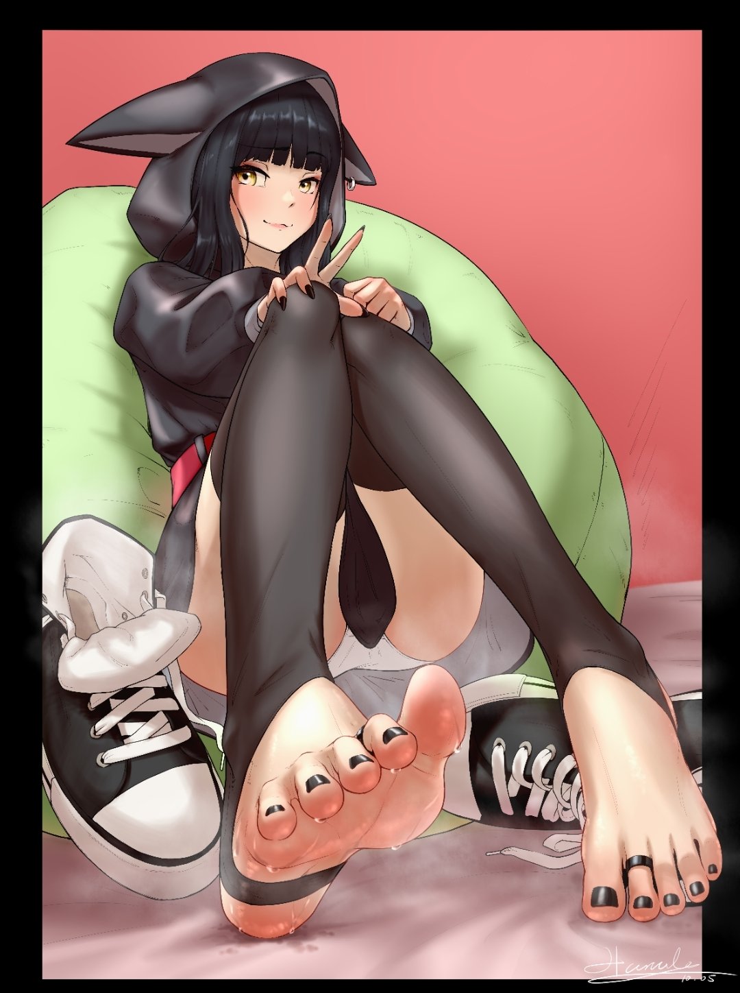 flamerush191, character request, check copyright, copyright request, highres, 1girl, animal ear hood, animal ears, belt, black border, black dress, black hair, black shoes, blunt bangs, blush, border, closed mouth, dress, fake animal ears, feet, foot focus, full body, hands on own knees, hands up, hood, hood up, jewelry, knees together feet apart, knees up, legs, long hair, looking at viewer, nail polish, no shoes, panties, red belt, shoes, signature, sitting, smile, sneakers, soles, solo, spread toes, steaming body, stirrup legwear, sweat, toe ring, toeless legwear, toenail polish, toenails, toes, underwear, unworn shoes, v, very sweaty, white panties