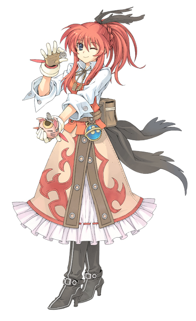 watanuki nao, lisette lander, atelier (series), atelier annie, gust, black legwear, official art, 1girl, belt, belt pouch, black boots, blue eyes, boots, braid, coin, coin purse, dress shirt, female focus, fingerless gloves, frilled skirt, frills, full body, gloves, hair between eyes, hair over breasts, hair ribbon, high heels, high ponytail, knee boots, long hair, long skirt, looking at viewer, looking back, one eye closed, outstretched hand, ponytail, pouch, profile, red hair, ribbon, shirt, shoes, sidelocks, simple background, skirt, sleeves rolled up, smile, solo, standing, turtleneck, vest, white background, wink